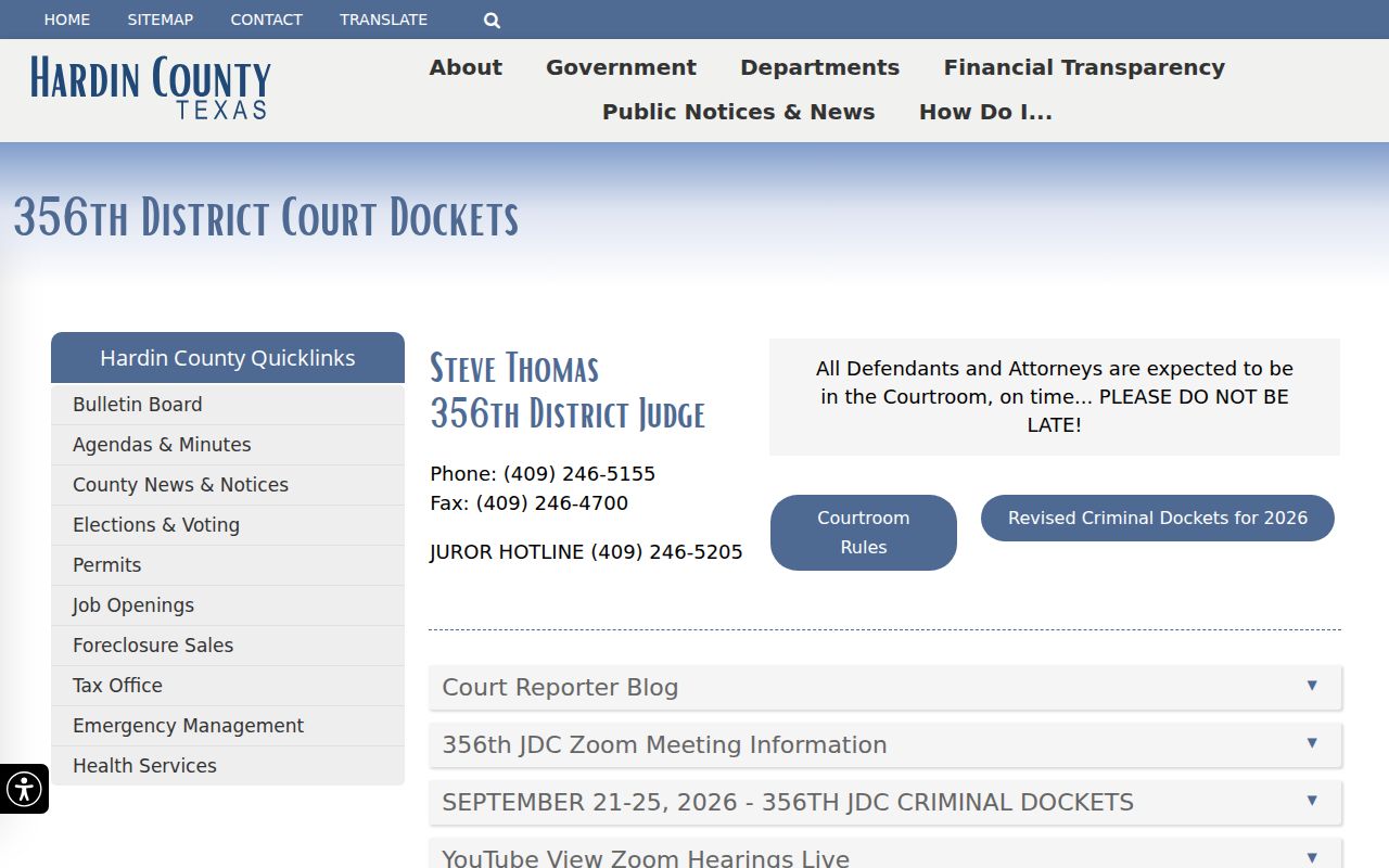 Hardin County criminal docket settings on the 356th District Court page