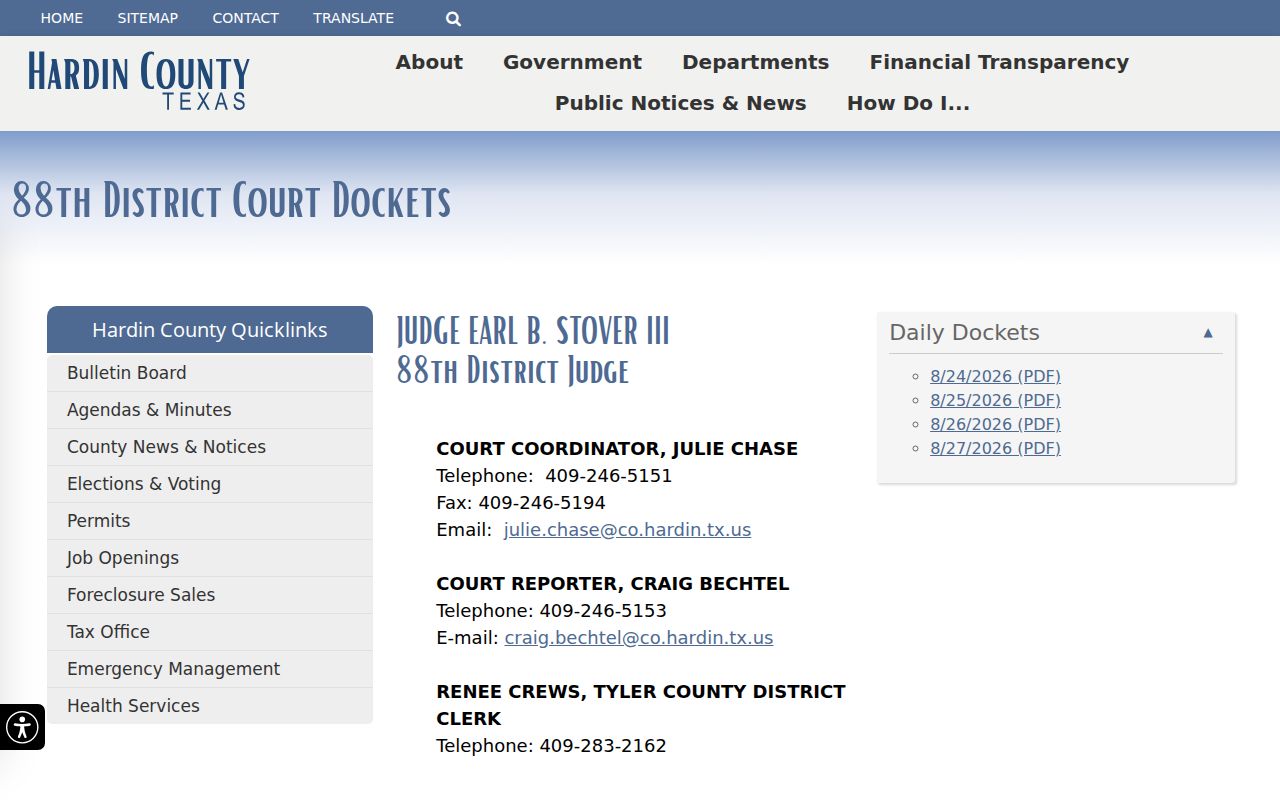 Hardin County criminal court docket page for the 88th District Court
