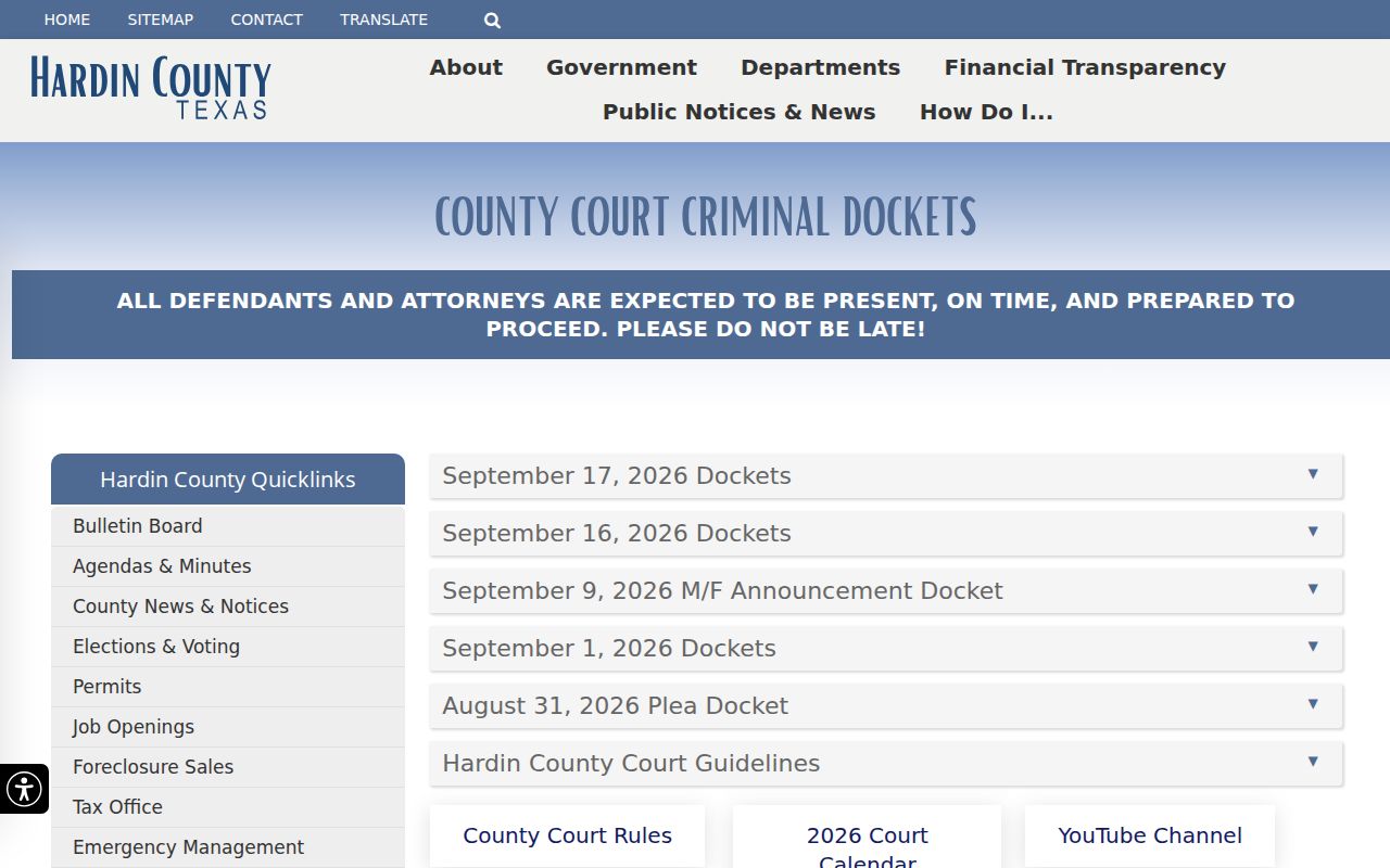 Hardin County civil court docket page for County Court