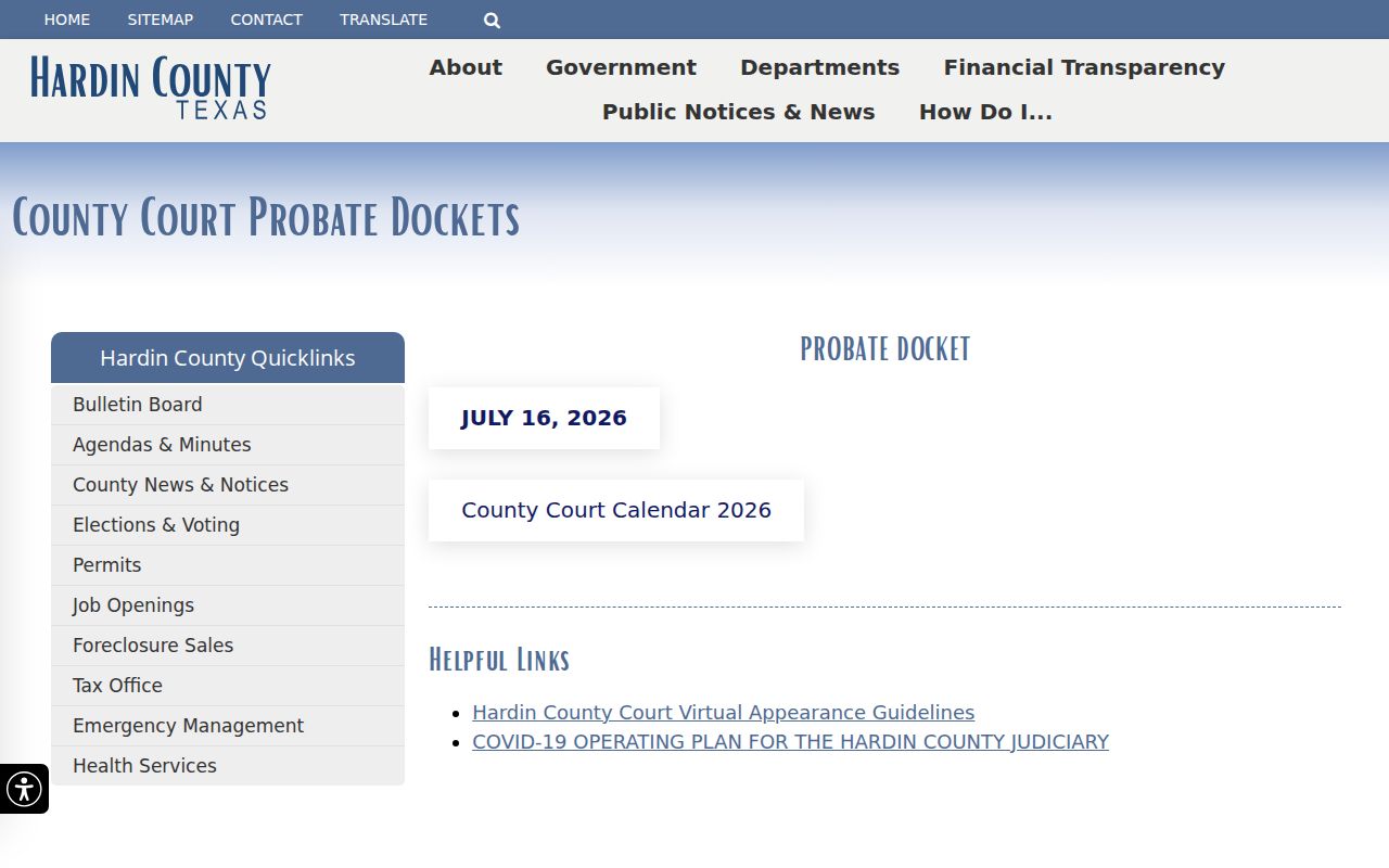Hardin County probate civil docket calendar page
