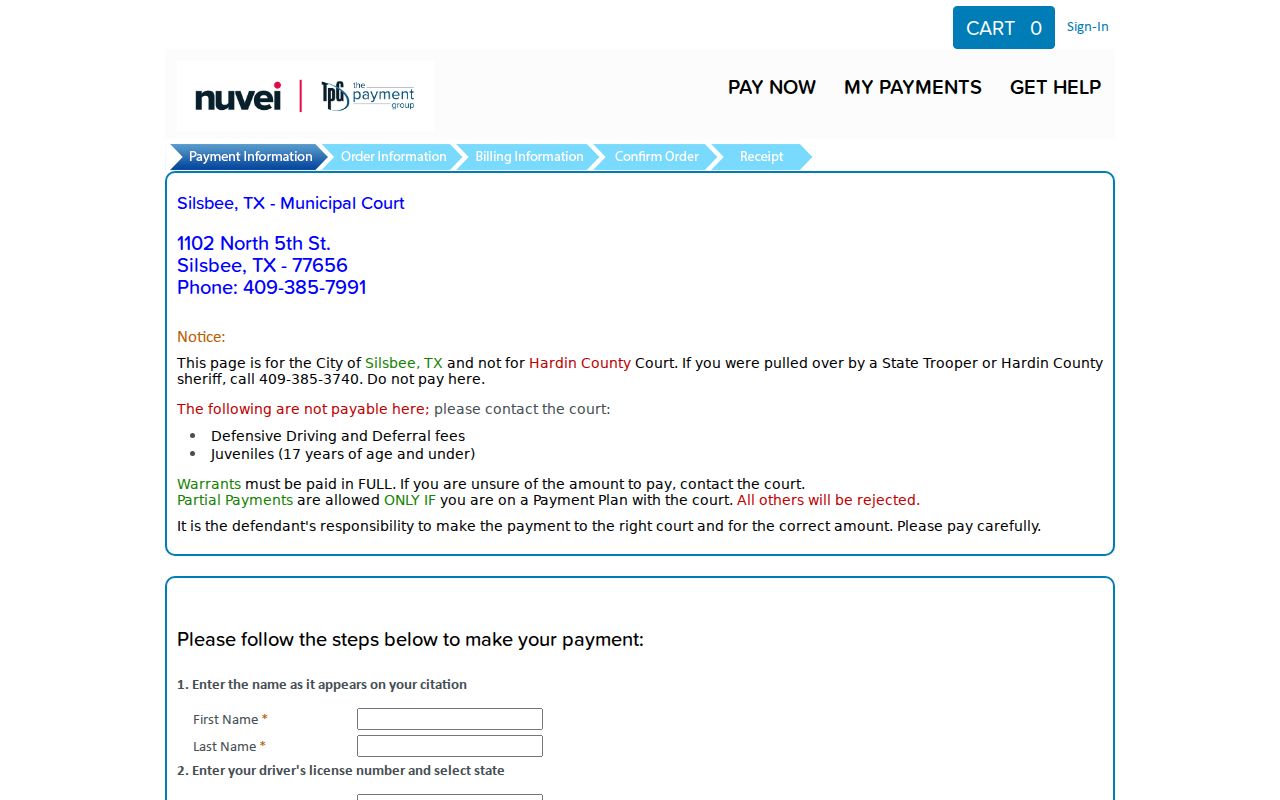 Hardin County court record lookup and payment interface for a Silsbee traffic ticket