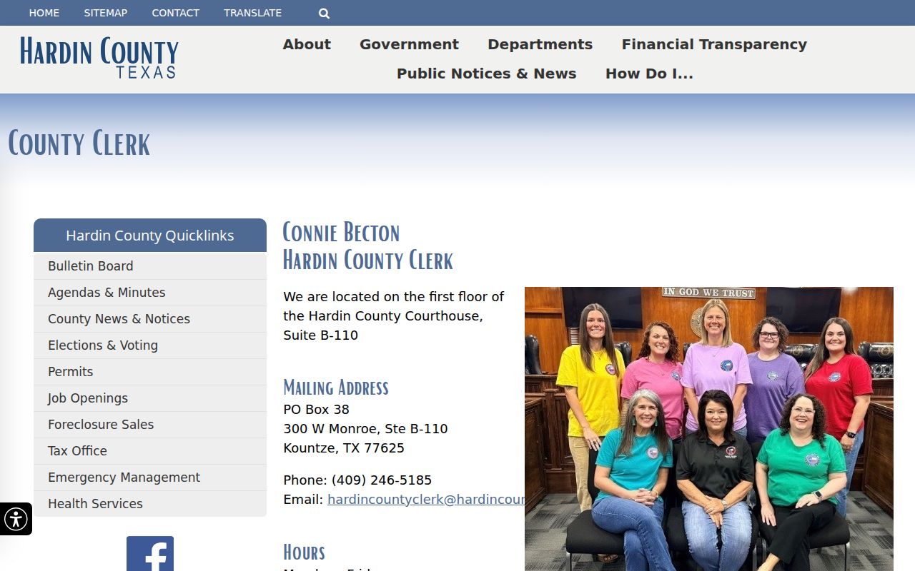 Hardin County court records County Clerk contact page
